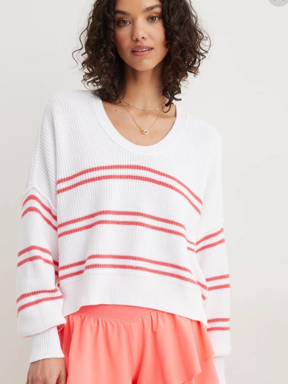 Aerie White Cropped Sweater with Coral Stripes size XS